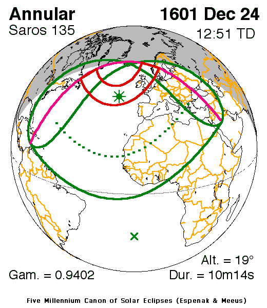 Verlauf der Zentralzone der Sonnenfinsternis am 24.12.1601