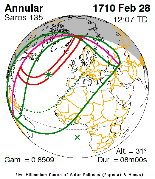 Verlauf der Zentralzone der Sonnenfinsternis am 28.02.1710