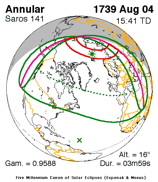 Verlauf der Zentralzone der Sonnenfinsternis am 04.08.1739