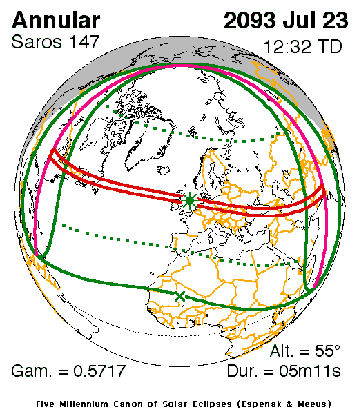 Verlauf der Zentralzone der Sonnenfinsternis am 23.07.2093